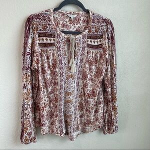 Lucky Brand Beaded Tie Front Peasant Top Long Sleeve Women’s Small